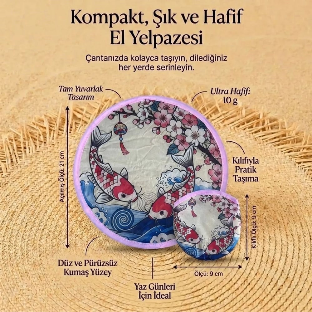 BUFFER® Koi Balığı ve Kiraz Çiçeği Desenli Pratik Katlanabilir El Yelpazesi –Japon Stili Kılıflı Yuvarlak Pratik Otomatik Açılıp Kapanan Cep Yelpazesi