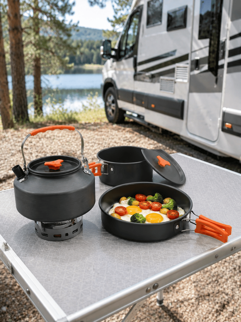 Kompakt Kamp Yemek Seti Alüminyum Tencere Tava Çaydanlık Taşıma Fileli Outdoor Set
