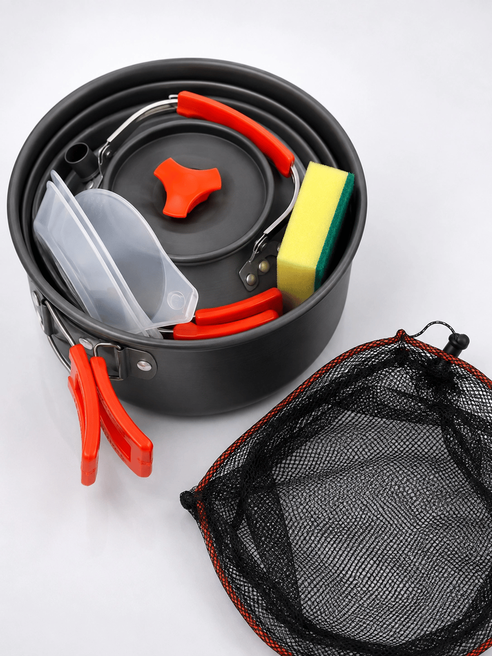 Kompakt Kamp Yemek Seti Alüminyum Tencere Tava Çaydanlık Taşıma Fileli Outdoor Set