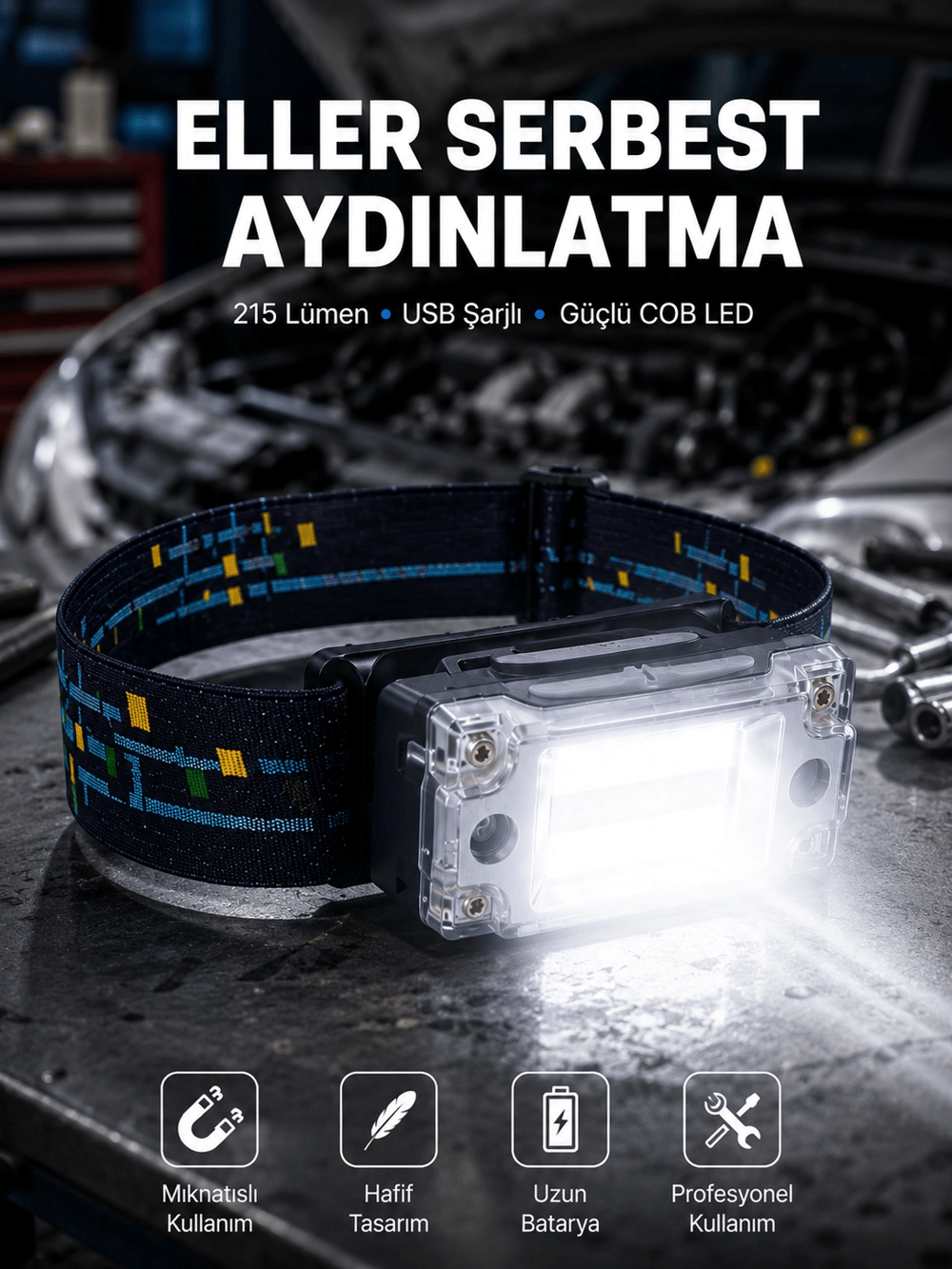 Kompakt LED Kafs Feneri USB Şarjlı Manyetik 2 Işık Modlu 215 Lümen Yeni Nesil