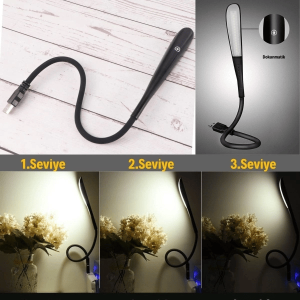 Kompakt USB Siyah 14 Ledli 3 Kademeli Dokunmatik Okuma Lambası