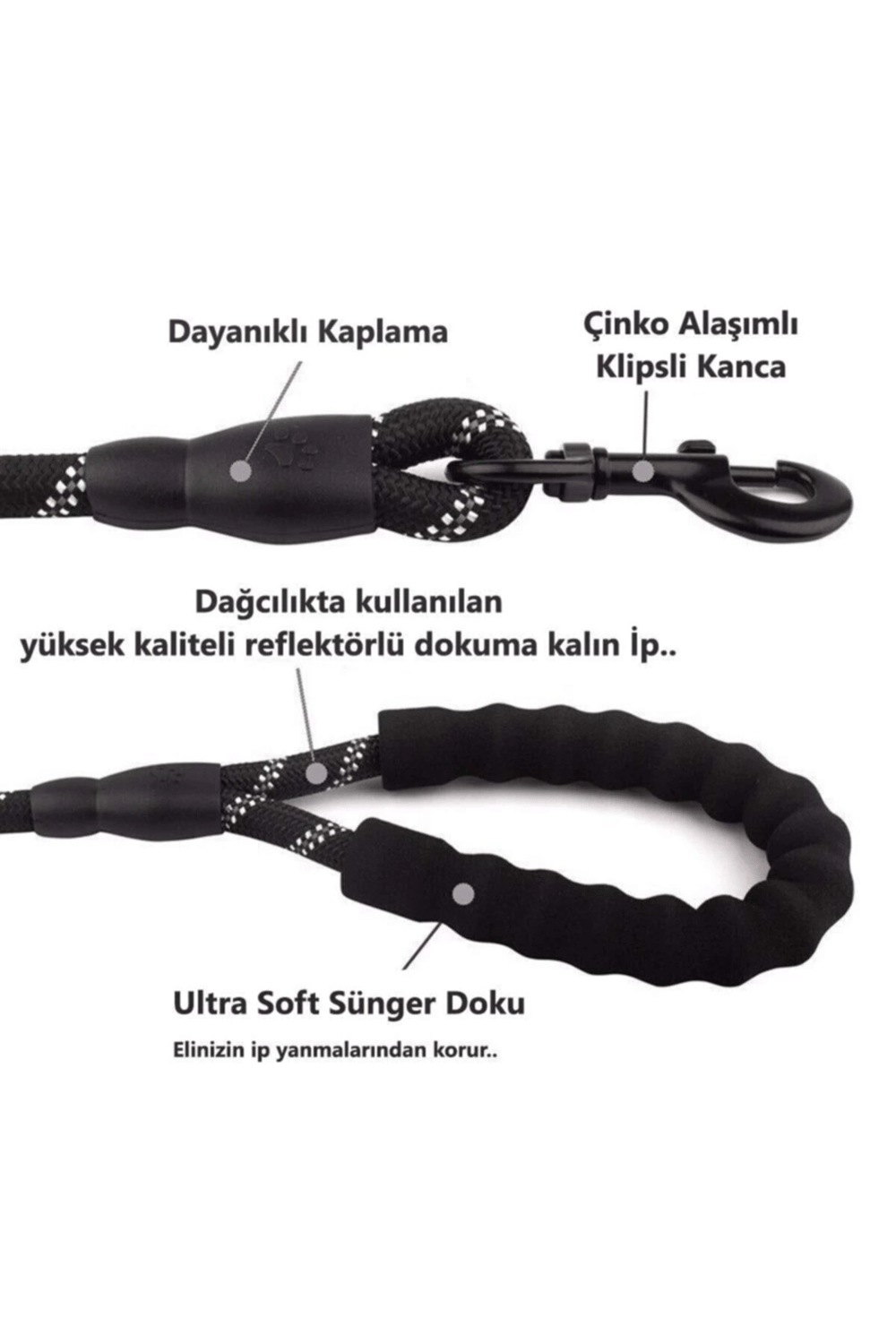 Köpekler İçin Gezdirme Tasması Reflektörlü 130 Cm Halat Orta Ve Büyük Boy Köpekler İçin Siyah