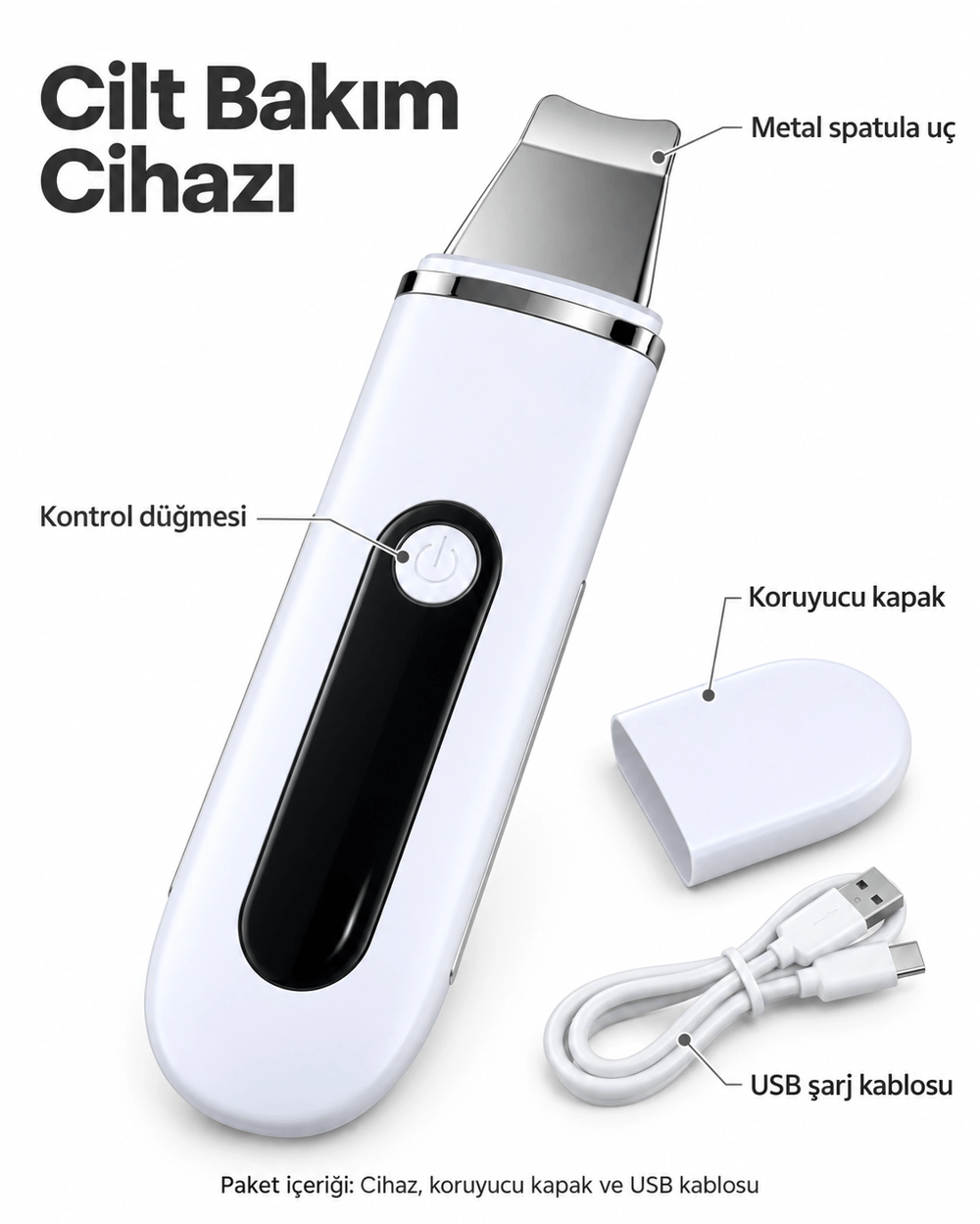 Koruyucu Kapak ve USB Kablolu Beyaz Metal Spatula Cilt Bakım Seti