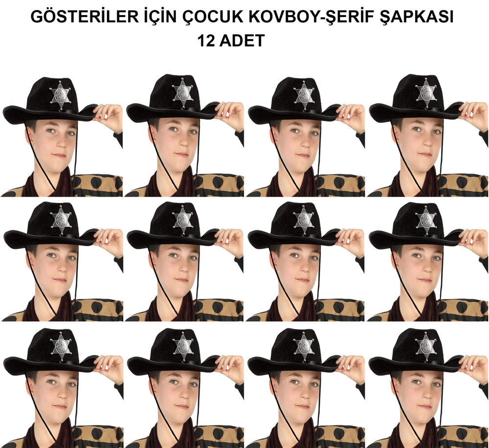 Kovboy Şerif Şapkası Siyah 12 Adet - Kostüm, Parti ve Gösteri Şapkası