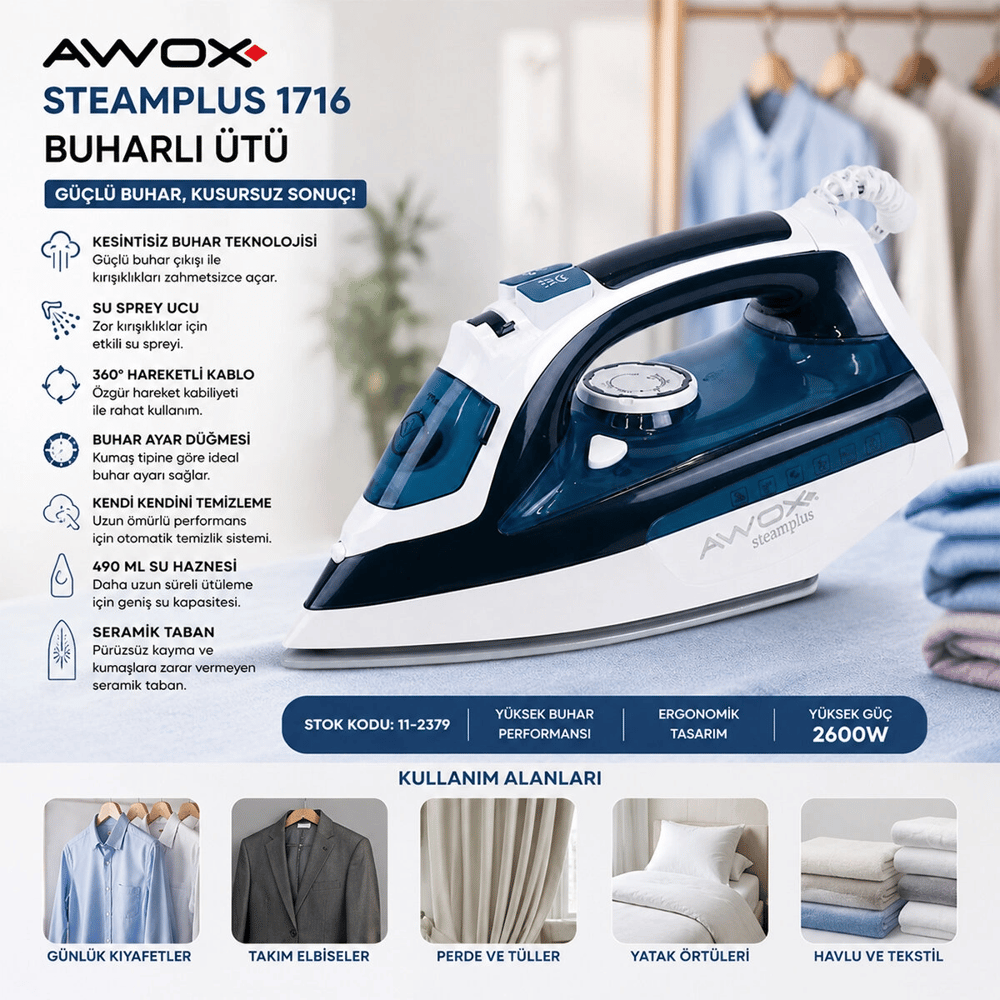 Koyu Mavi - Beyaz Buharlı Ütü Seramik Taban - 360° Hareketli Kablo - Buhar Ayarlama 2100w Steamplus-1716 Bx40