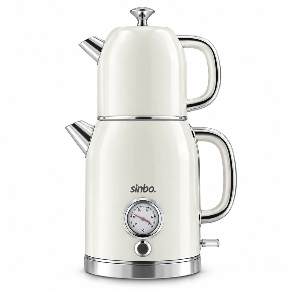Krem Elektrikli Cam Demlikli Plastik Retro Çay Seti Çaycı Derece Göstergeli 1600w 1.8lt - 1lt Stm-5849 Bx40