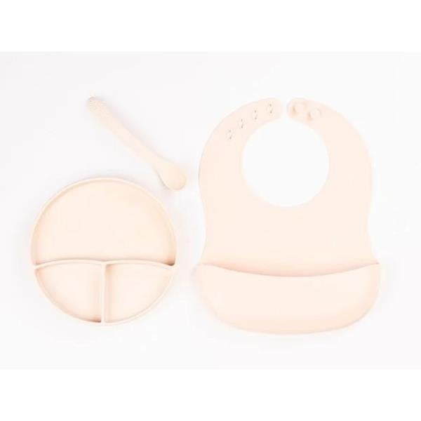 Krem Rengi 3’lü Silikon Yemek Seti – Önlük + Diş Kaşıyıcılı Kaşık + Vakumlu Tabak