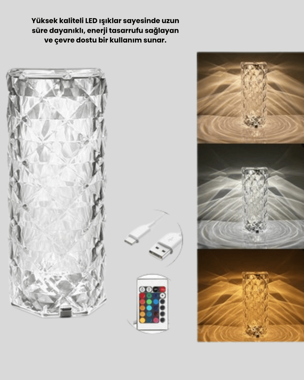 Kristal RGB LED Masa Lambası – Renkli Kumandalı Işık, Dekoratif ve Enerji Tasarruflu