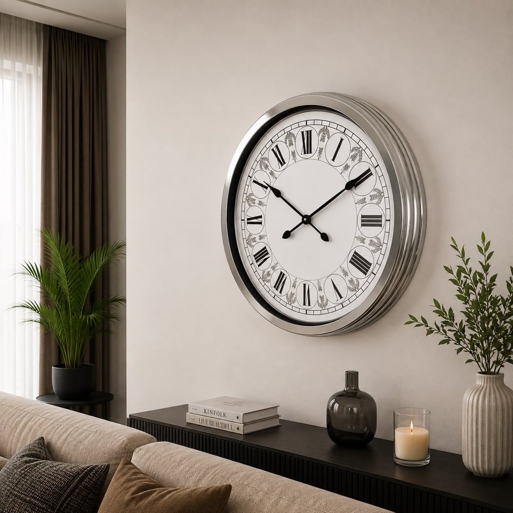 Krom Desenli 60 x 60 Cm Metal Duvar Saati