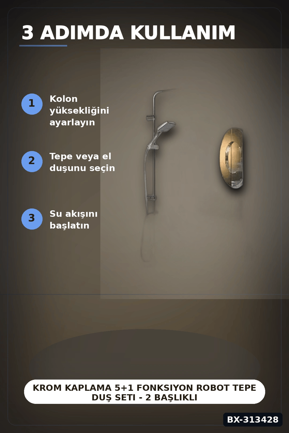 Krom Kaplama 5+1 Fonksiyon Robot Tepe Duş Seti - 2 Başlıklı Banyo Takımı BX-313428
