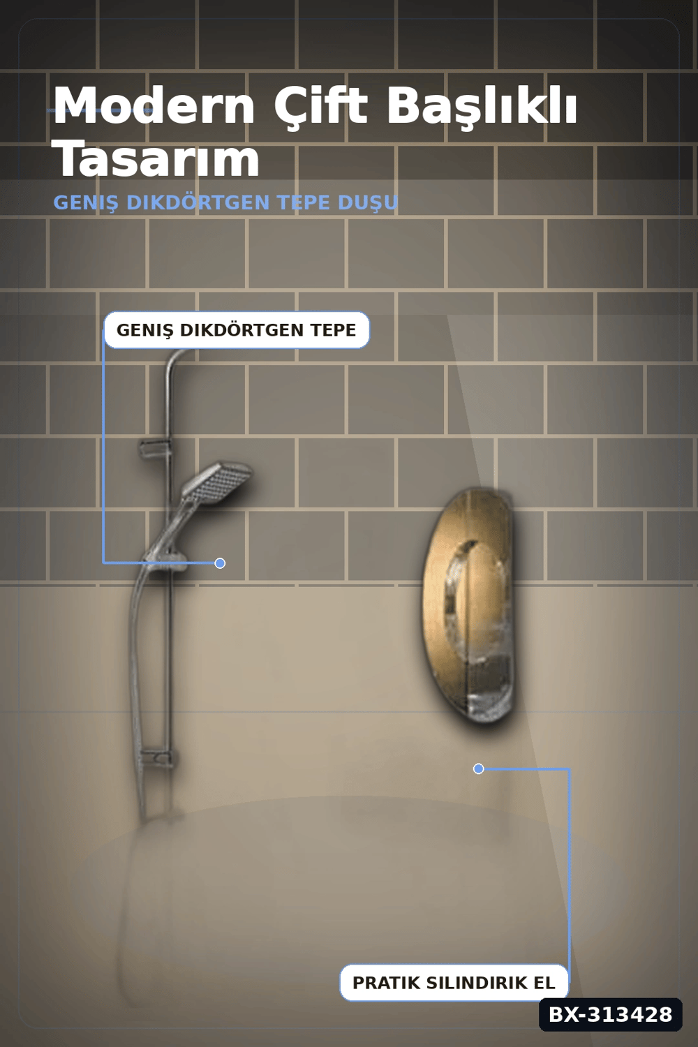 Krom Kaplama 5+1 Fonksiyon Robot Tepe Duş Seti - 2 Başlıklı Banyo Takımı BX-313428
