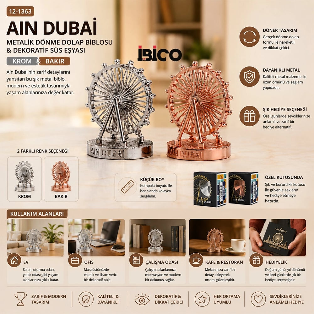 Küçük Aın Dubai Metalik Dönme Dolap Biblosu - Dekoratif Süs Eşyası Krom - Bakır Bx40