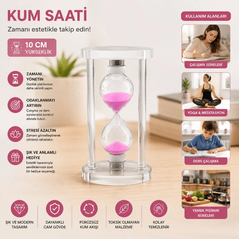 Küçük Boy Cam Standlı Kum Saati - 10 cm Yükseklik - Dekoratif Süs Eşyası