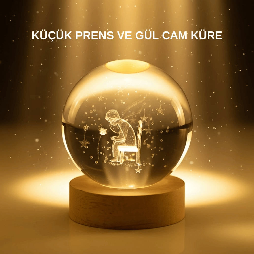 Küçük Prens Cam Küre USB Işıklı Ahşap Standlı Büyük Boy