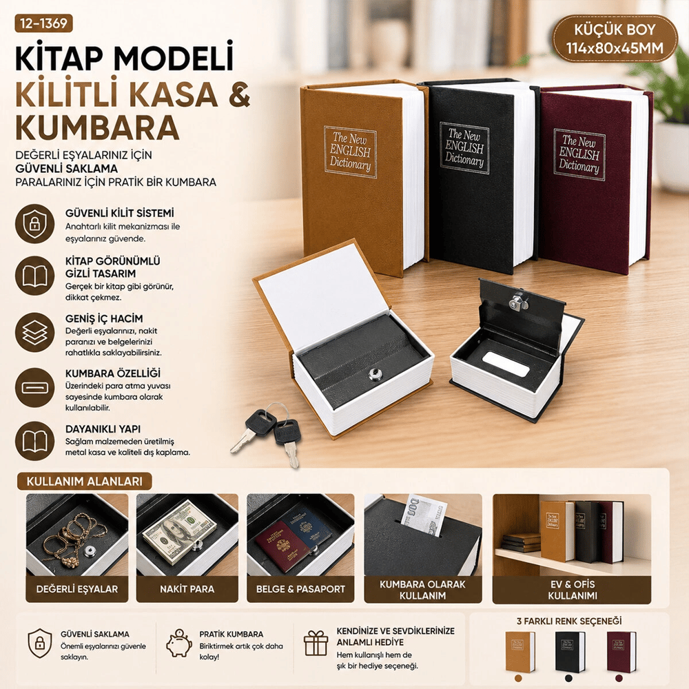 Küçük=114x80x45mm Kitap Modeli Kilitli Kasa - Kumbara Renkli Bx40