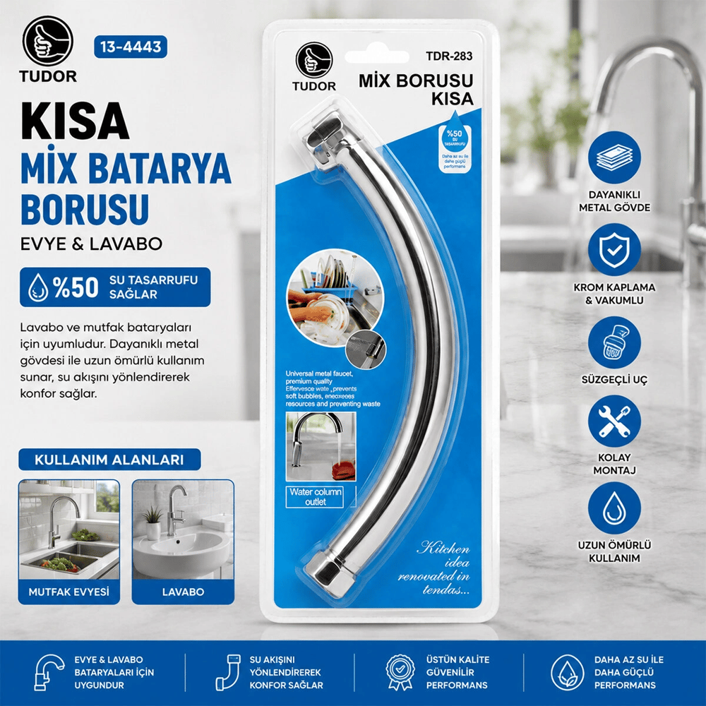 Kuğu Evye - Lavabo Kısa Mix Batarya Borusu Krom Kaplama - Vakumlu - Süzgeçli Uç Bx40