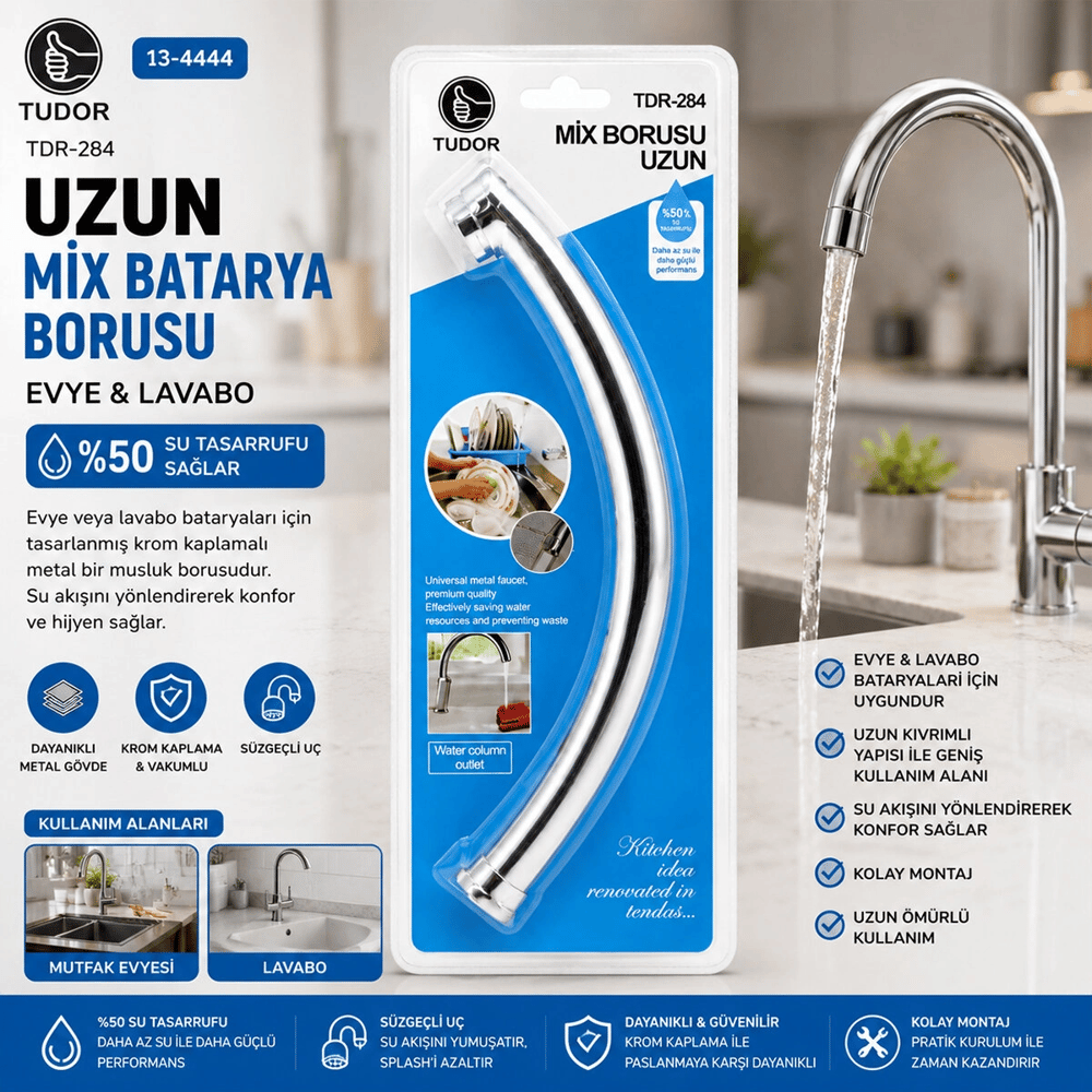 Kuğu Evye - Lavabo Uzun Mix Batarya Borusu Krom Kaplama - Vakumlu - Süzgeçli Uç Bx40