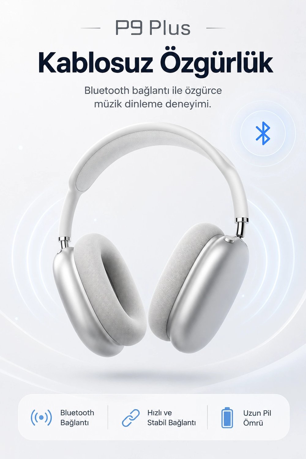 Kulak Üstü Kablosuz Bluetooth Kulaklık Yumuşak Pedli Mikrofonlu Günlük Kullanım