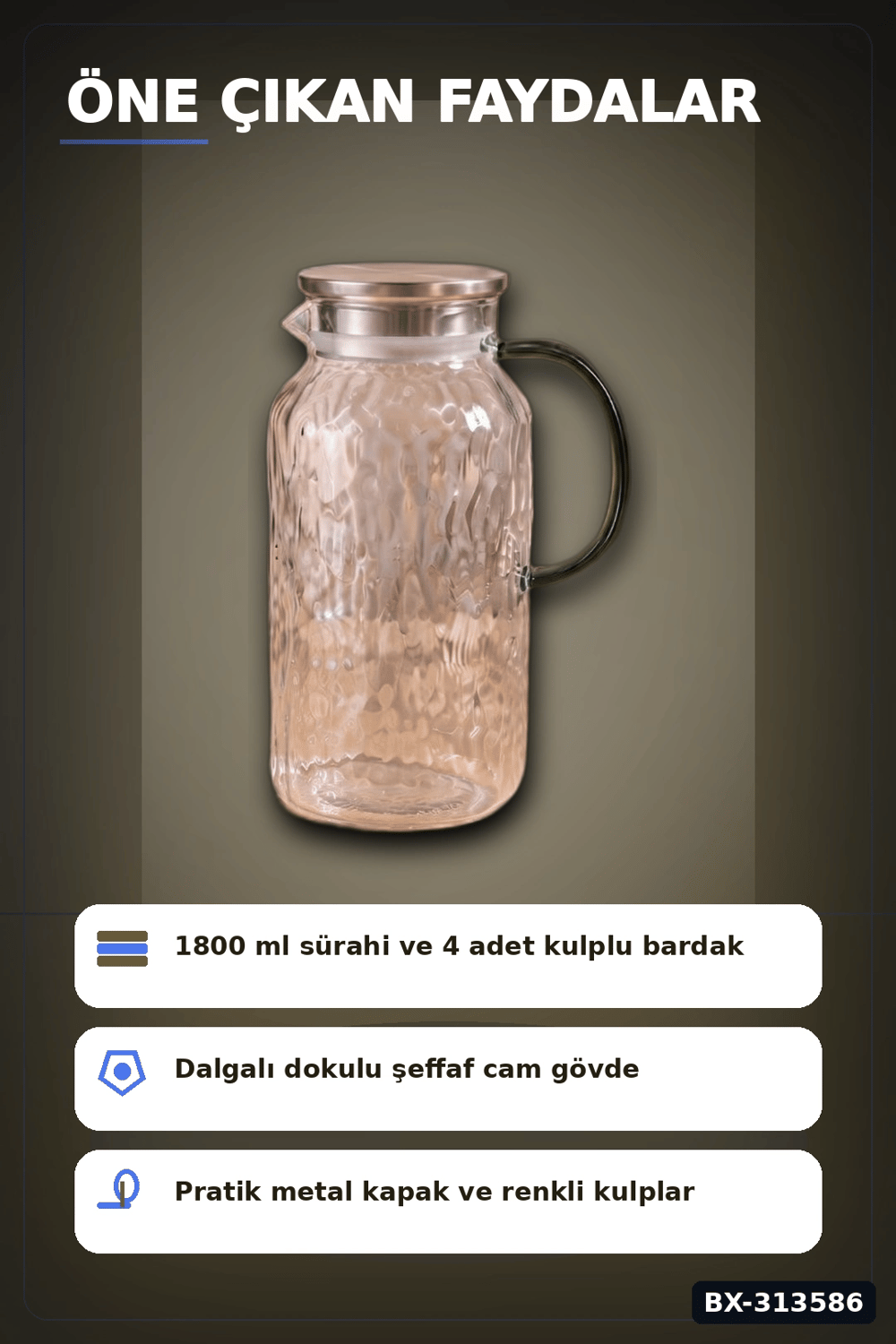 Kulplu 1800 ml Cam Sürahi Ve 350 ml 4 Bardak Seti - 5 Parça Şeffaf BX-313586