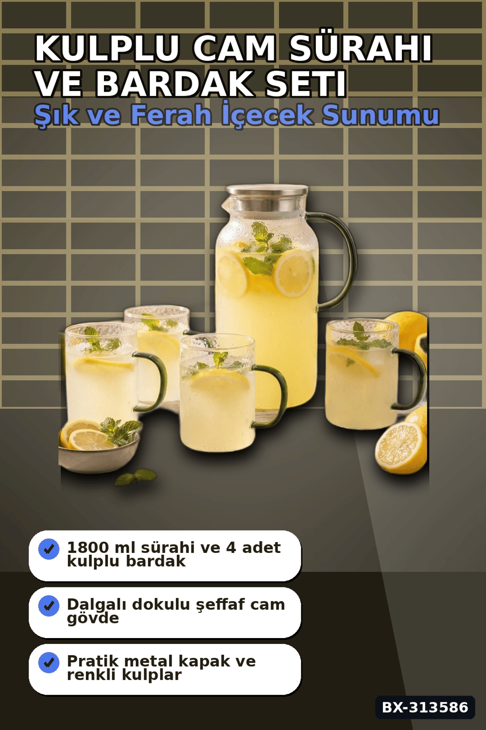 Kulplu 1800 ml Cam Sürahi Ve 350 ml 4 Bardak Seti - 5 Parça Şeffaf BX-313586