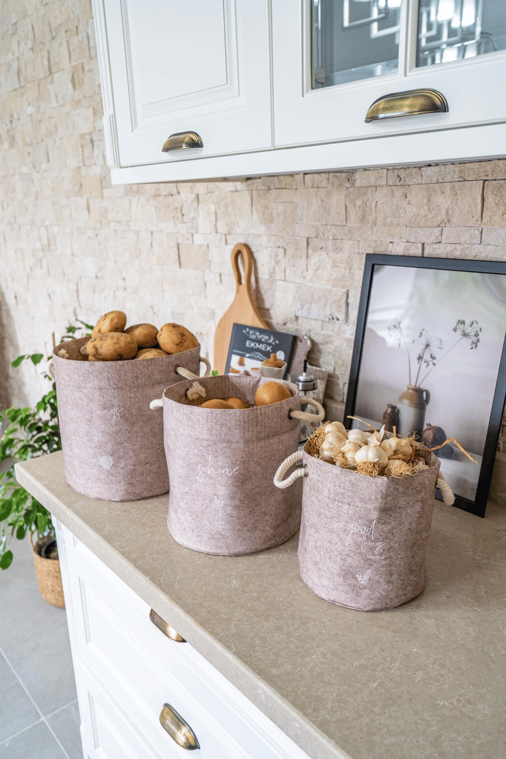 Kulplu Yuvarlak Düzenleyici Çok Amaçlı Kolay Taşınabilen Organizer Keçe Sepet (3lü Set)