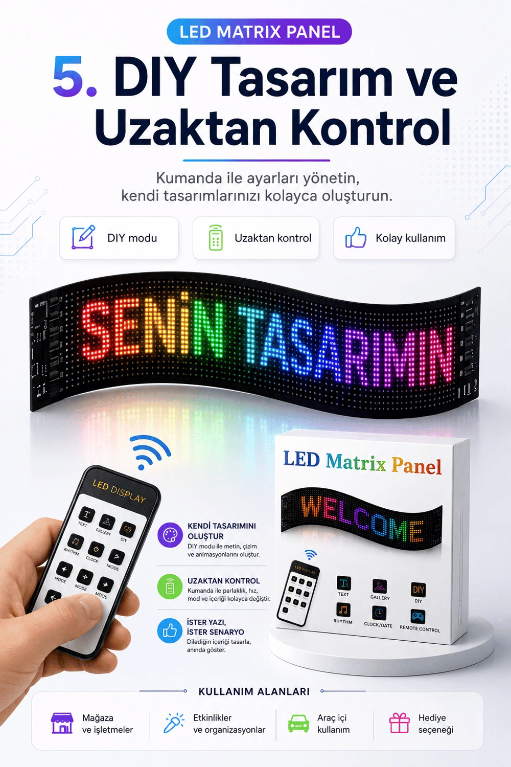 Kumandalı LED Matrix Panel Kayan Yazı Tabelası Renkli Mesaj Ve Saat Gösterimli