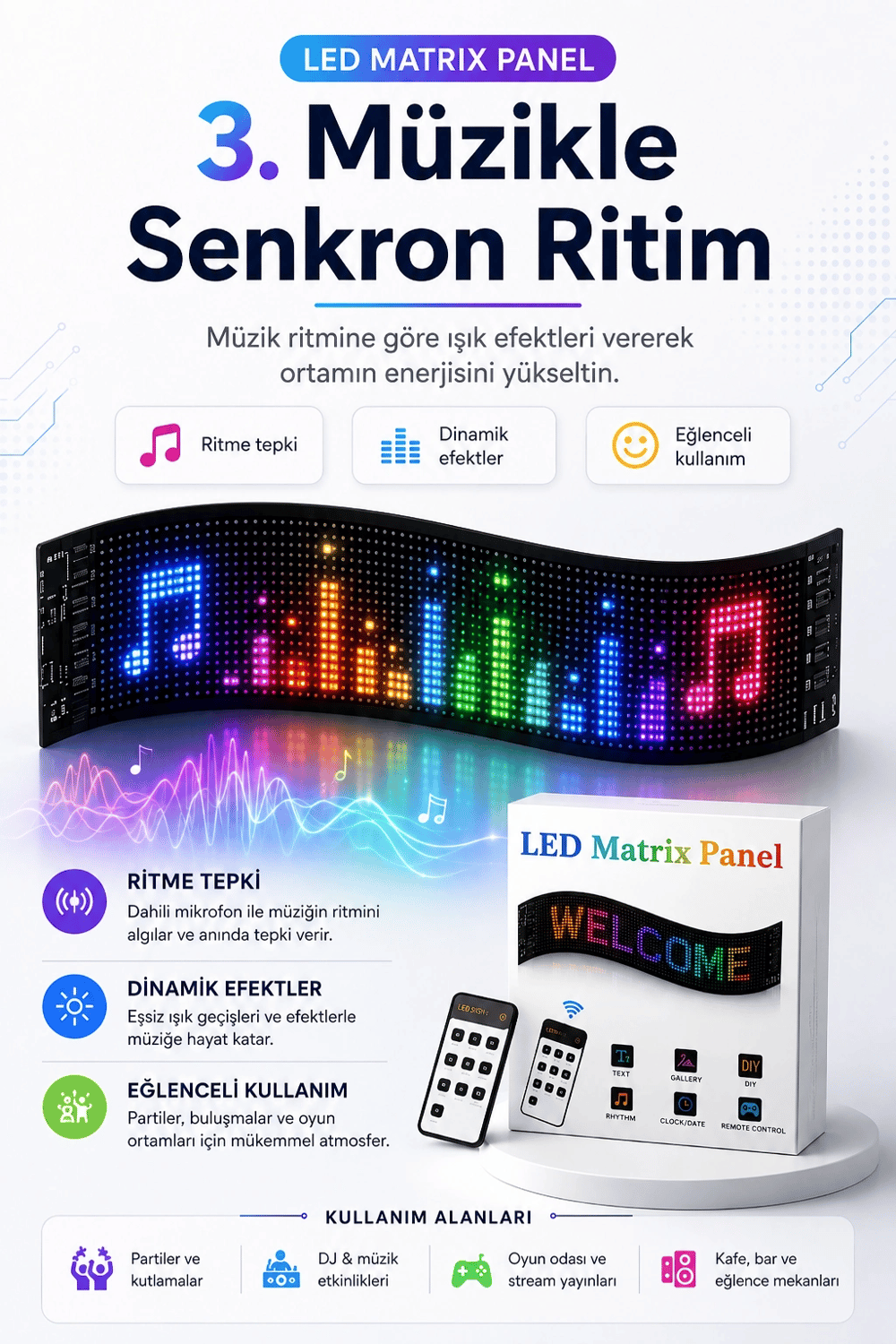 Kumandalı LED Matrix Panel Kayan Yazı Tabelası Renkli Mesaj Ve Saat Gösterimli
