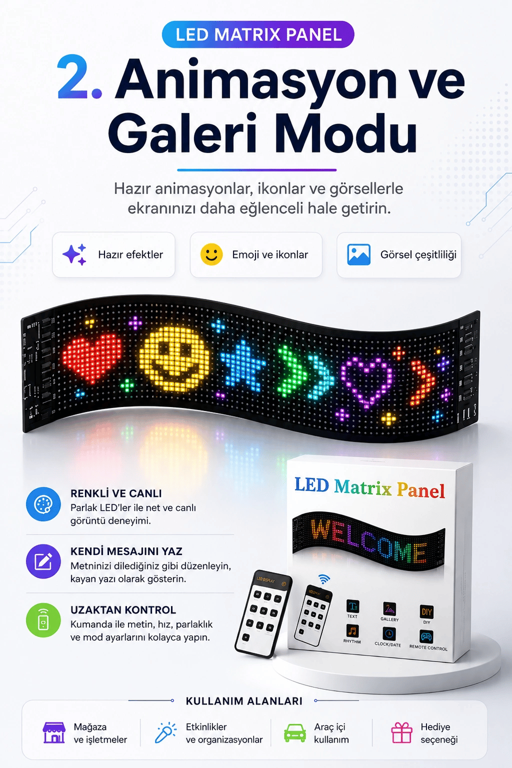 Kumandalı LED Matrix Panel Kayan Yazı Tabelası Renkli Mesaj Ve Saat Gösterimli