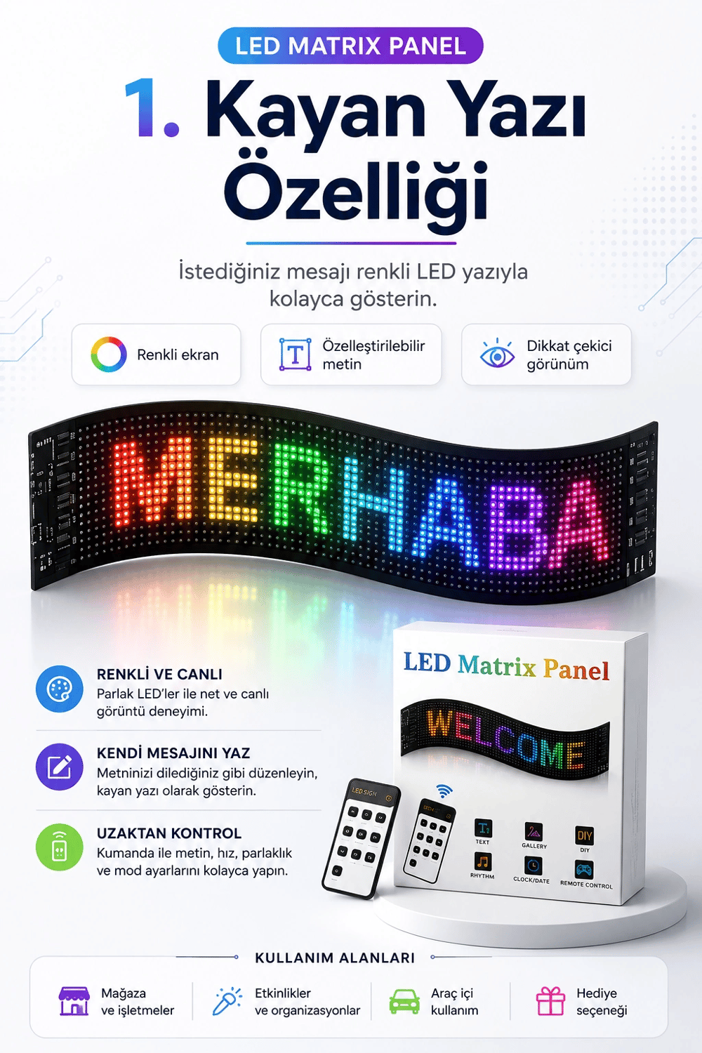 Kumandalı LED Matrix Panel Kayan Yazı Tabelası Renkli Mesaj Ve Saat Gösterimli