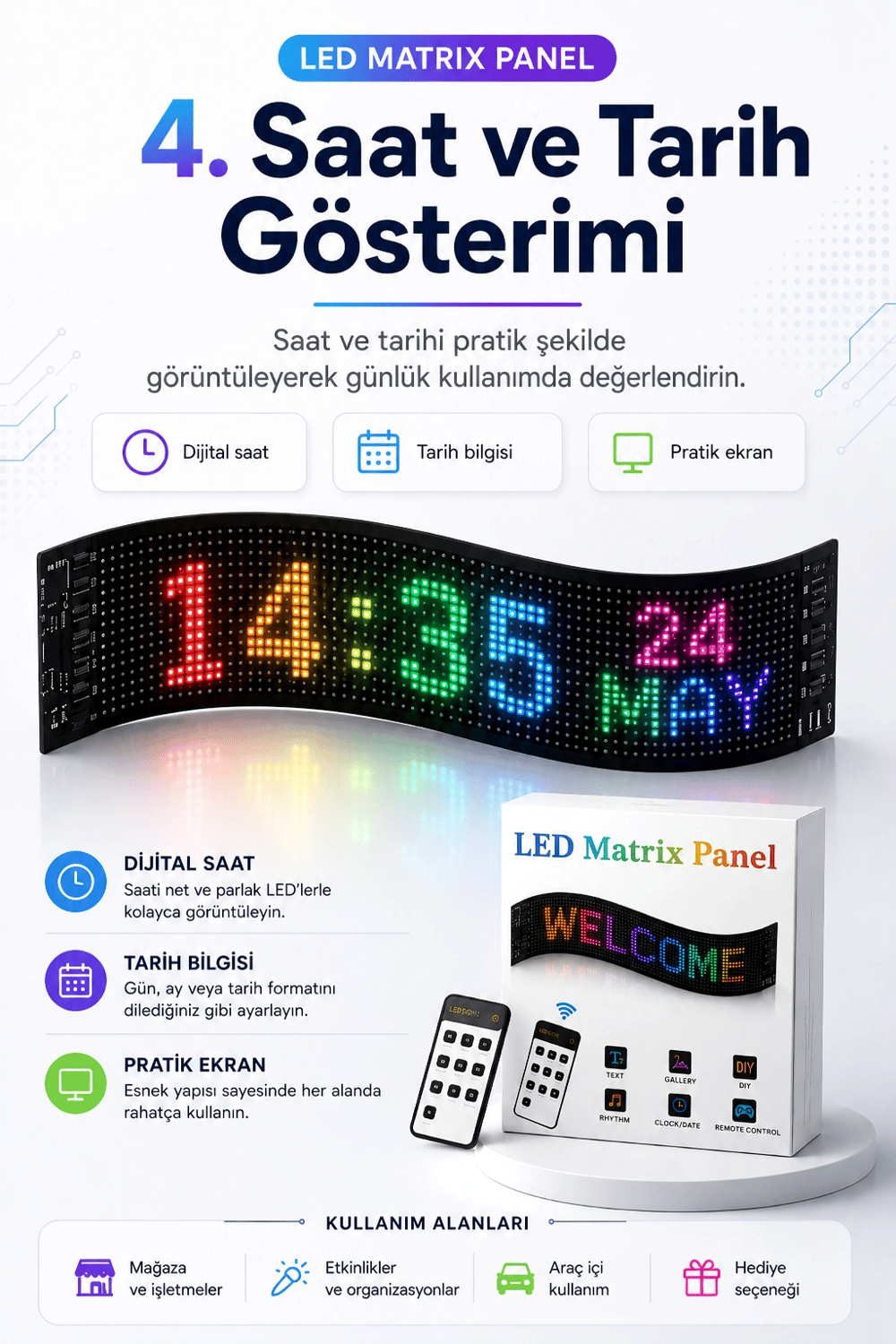 Kumandalı LED Matrix Panel Kayan Yazı Tabelası Renkli Mesaj Ve Saat Gösterimli