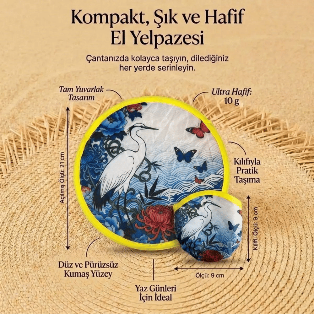 Kuş Ve Kelebek Desenli Katlanabilir Cep Yelpazesi - Japon Stili Kılıflı El Yelpazesi Bx40