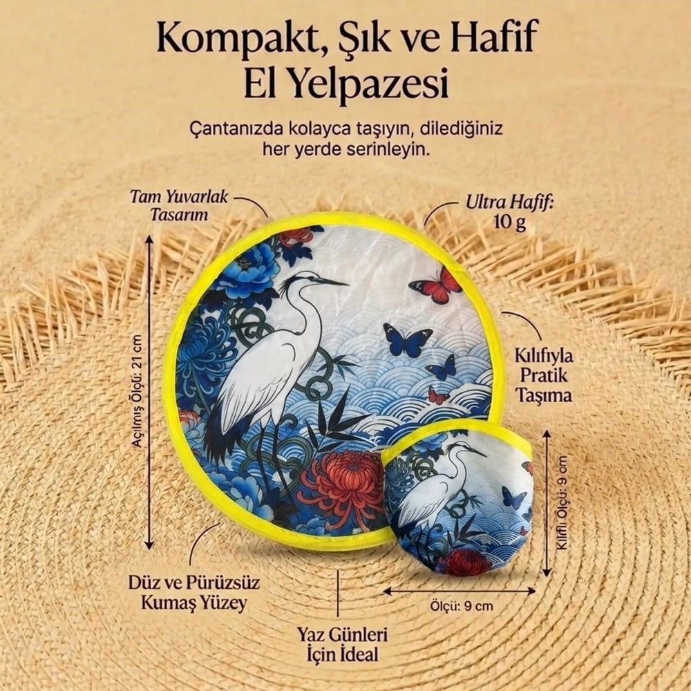 BUFFER® Kuş ve Kelebek Desenli Pratik Katlanabilir El Yelpazesi – Japon Stili Kılıflı Yuvarlak Pratik Otomatik Açılıp Kapanan Cep Yelpazesi