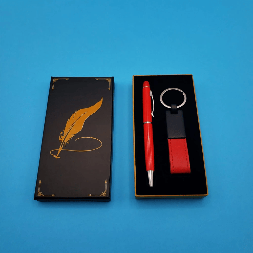 Kutulu Kırmızı Deri Anahtarlık ve Touchpen Tükenmez Kalem Hediye Seti
