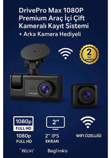 LCD Ekranlı 1080p 3 Kameralı Araç İçi Kamera Geri Görüş Destekli Gece Görüşlü G Sensörlü