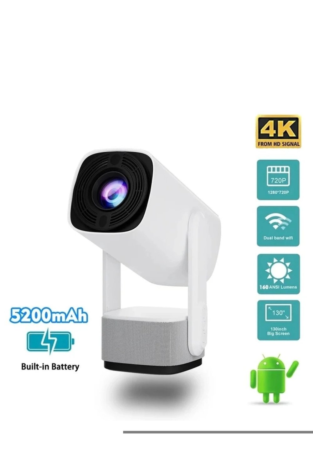 LED 4K çözünürlük, 1920x1080, 1500:1 kontrast, 150 ansilümen, wifi, USB, HDMI projeksiyon cihazı