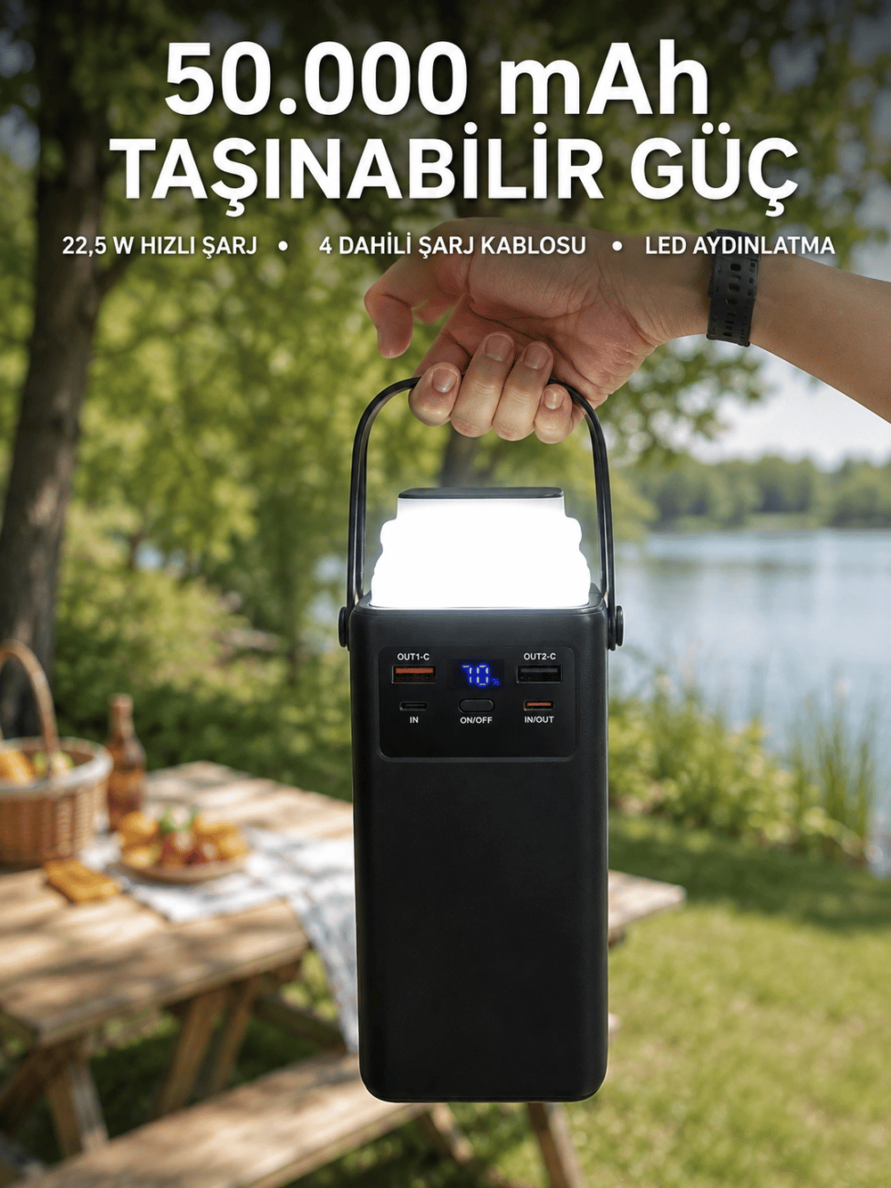 LED Aydınlatmalı Powerbank 50.000 mAh 22,5 W Hızlı Şarj 4 Dahili Kablolu Dijital Pil Göstergeli Batarya