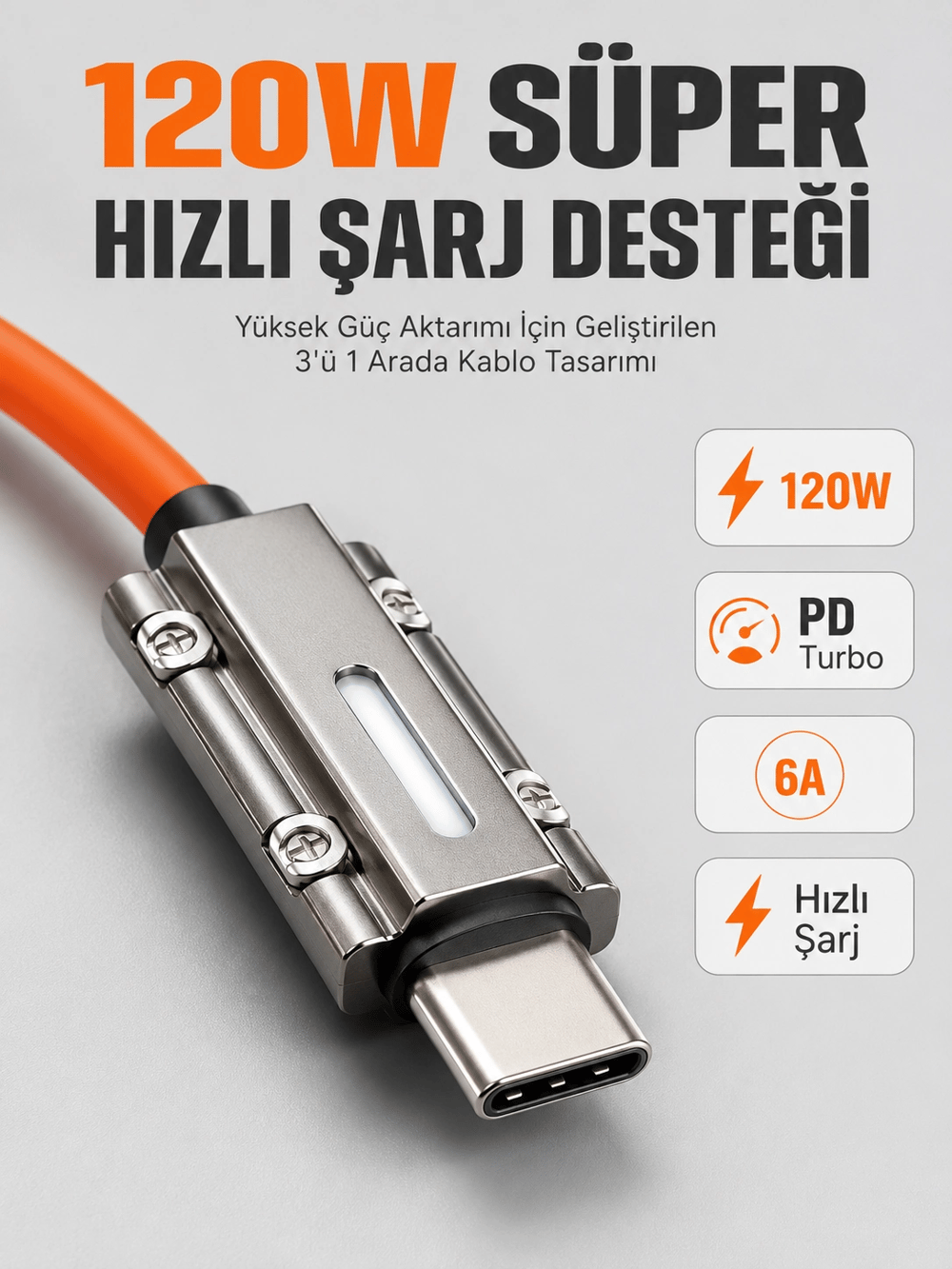 LED Göstergeli 120W PD Turbo Destekli Premium 3ü 1 Arada Şarj Kablosu