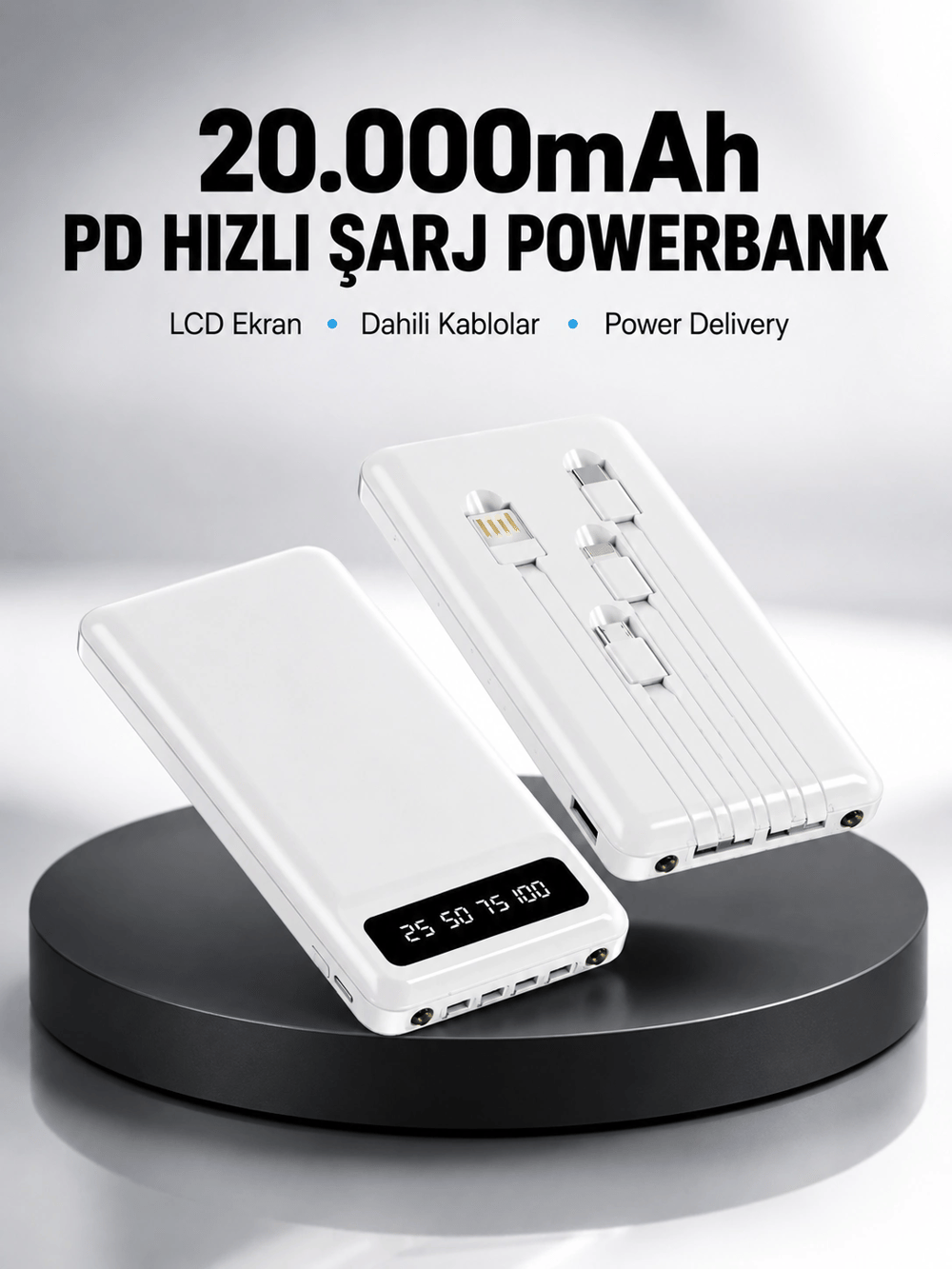 LED Işıklı 20.000mAh Powerbank LCD Gösterge Dahili Çoklu Kablo Yeni Nesil