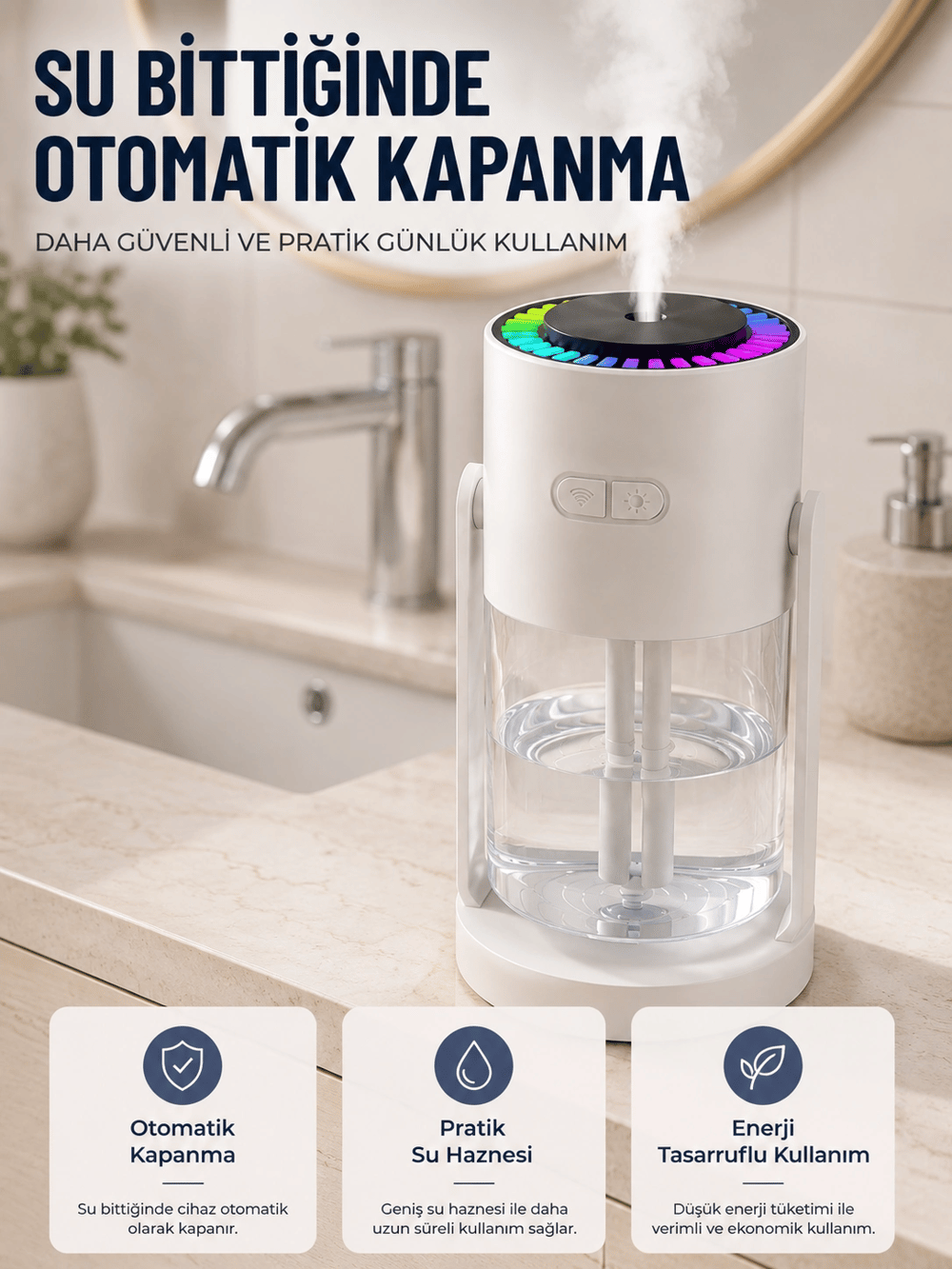 LED Işıklı Hava Nemlendirme Cihazı Şeffaf Su Hazneli Sessiz Masaüstü Nemlendirici