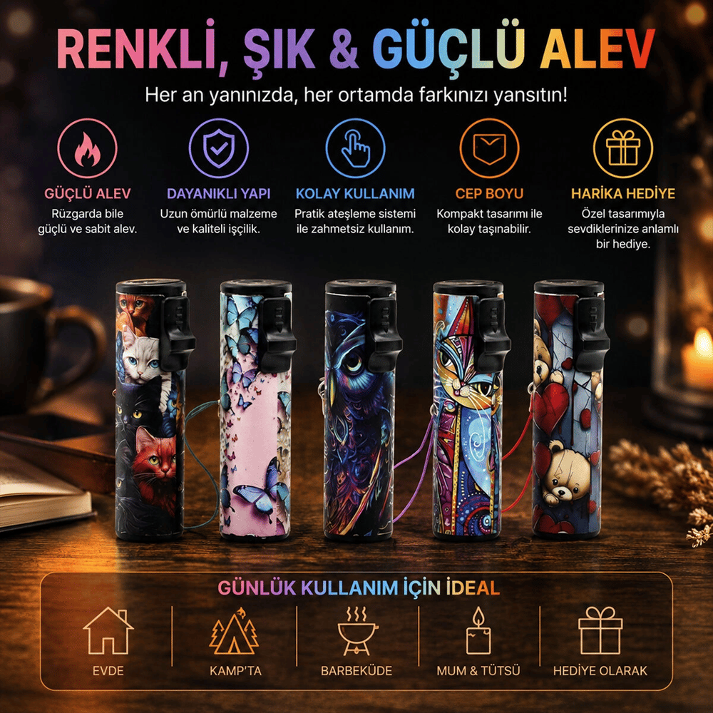 LED Işıklı Rüzgar Çakmağı - Karışık Desenli - İpli