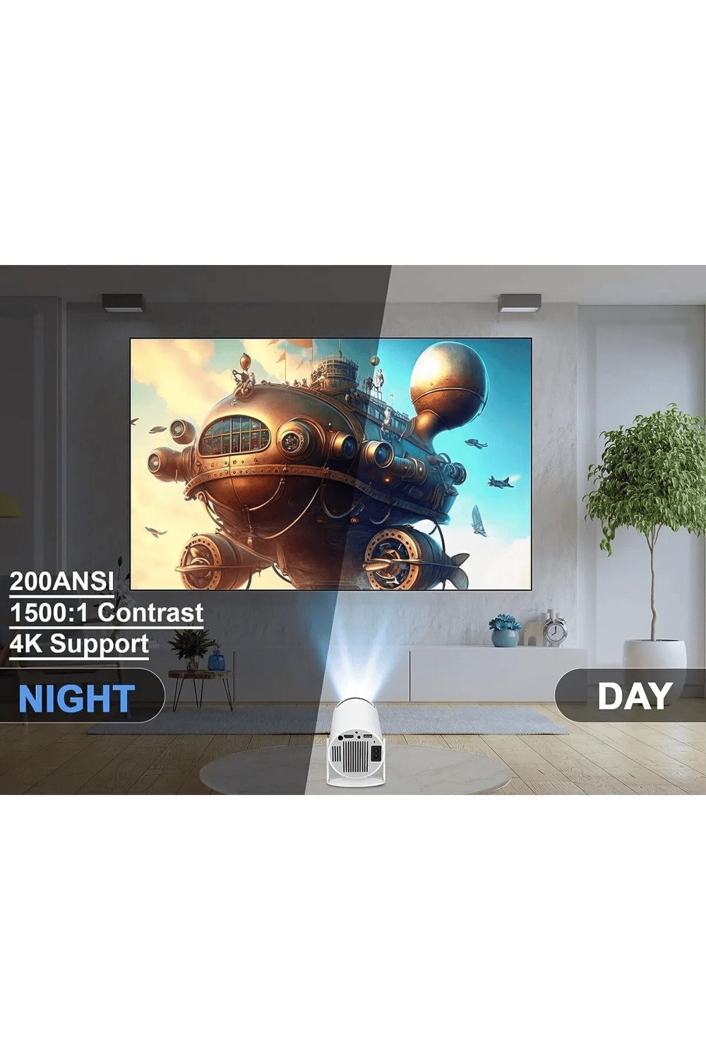 LED projeksiyon cihazı 4K çözünürlük 100000:1 kontrast Bluetooth Android 11 WiFi beyaz