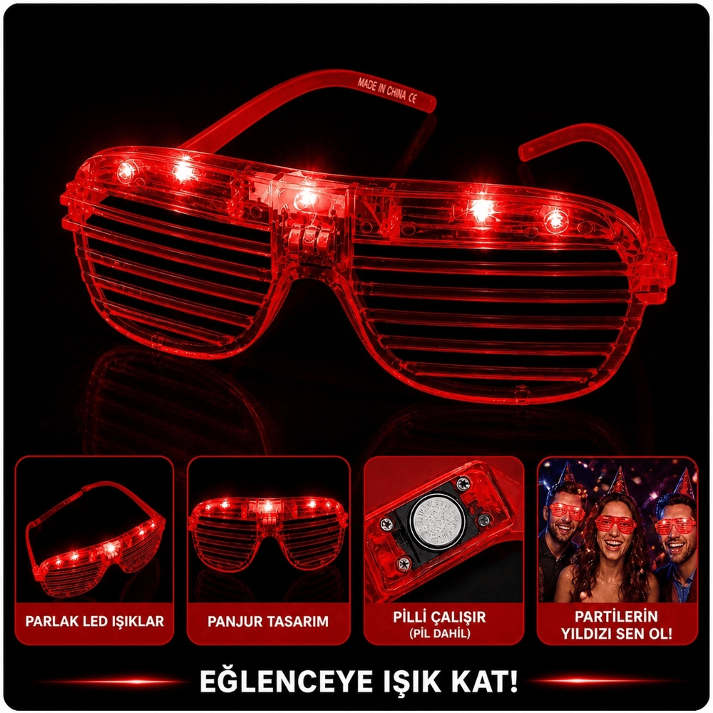 Led Işıklı Panjur Parti Gözlüğü Kırmızı Renk Shutter Gözlük