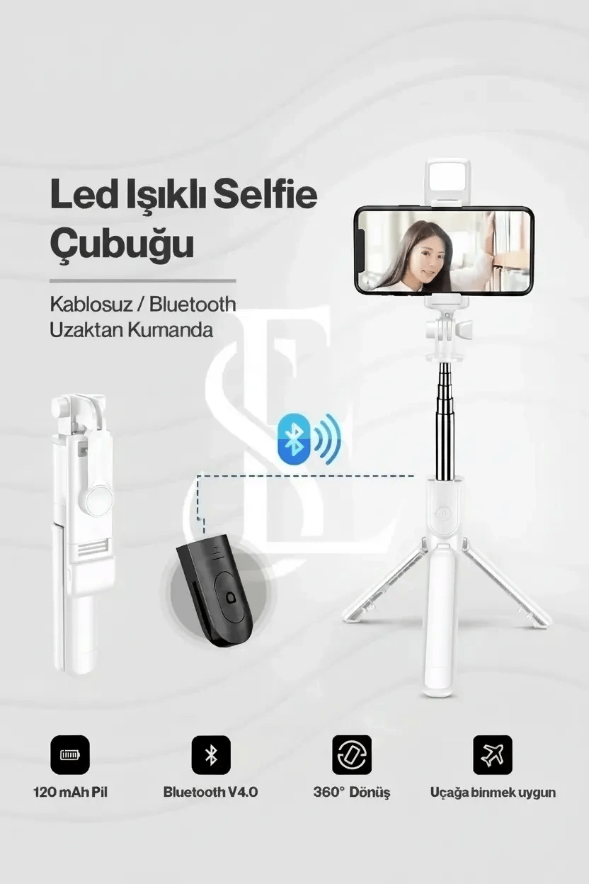 Led Işıklı Selfie Çubuğu Bluetooth Kumandalı Kablosuz Tripot Selfie Monopod Selfie Stick (Beyaz)
