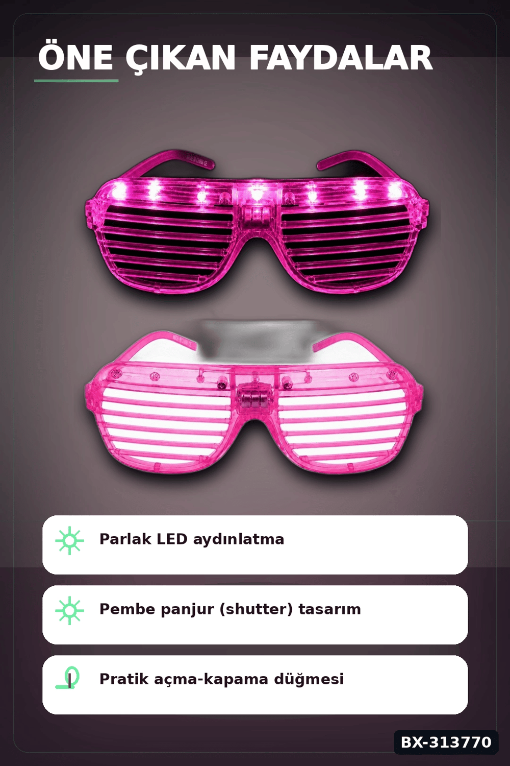 Led Işıklı Shutter Parti Gözlüğü Pembe Renk 1 Adet Pilli Eğlence Aksesuarı BX-313770