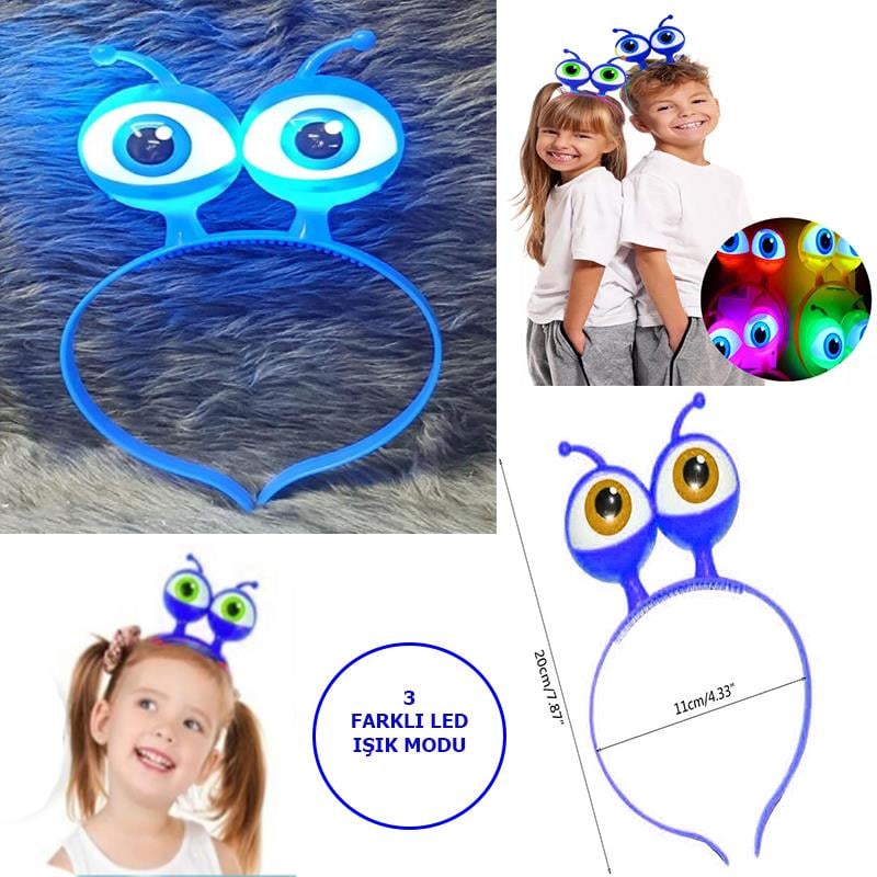 Led Işıklı &amp; Pilli 3 Farklı Modda Yanan Uzaylı Göz Parti Tacı Mavi Renk 18x12 cm (3936)