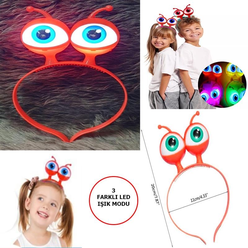 Led Işıklı &amp; Pilli 3 Farklı Modda Yanan Uzaylı Göz Parti Tacı Kırmızı Renk 18x12 cm (3936)