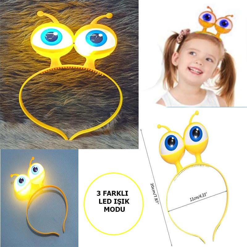 Led Işıklı &amp; Pilli 3 Farklı Modda Yanan Uzaylı Göz Parti Tacı Sarı Renk 18x12 cm (3936)