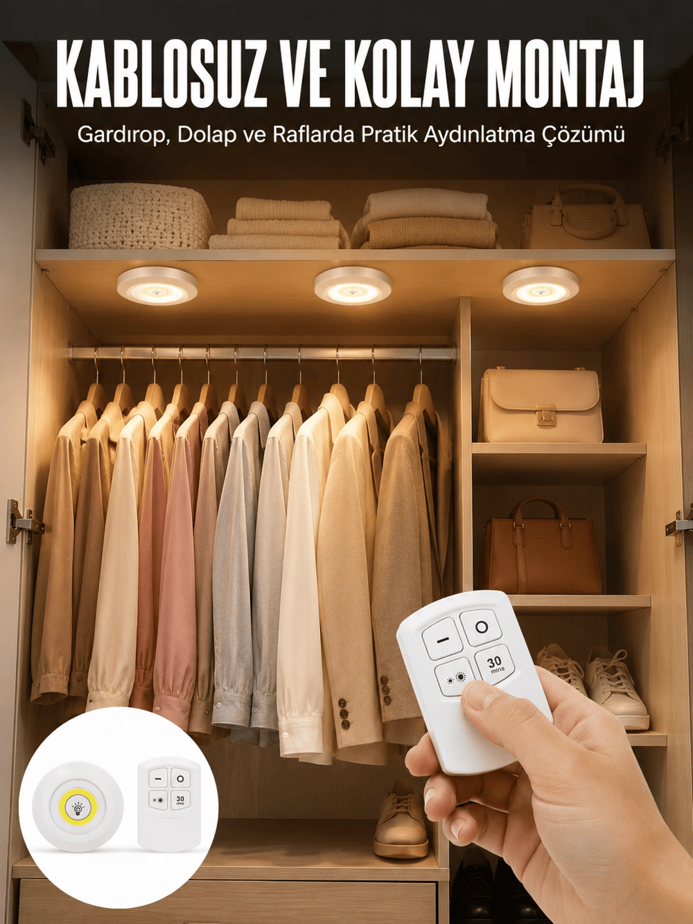 Led Lamba 3lü Uzaktan Kumandalı Yapışkanlı Beyaz Işık (Kopya)