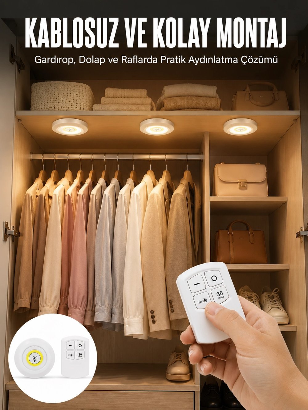 Led Lamba 3lü Uzaktan Kumandalı Yapışkanlı Beyaz Işık (Kopya)