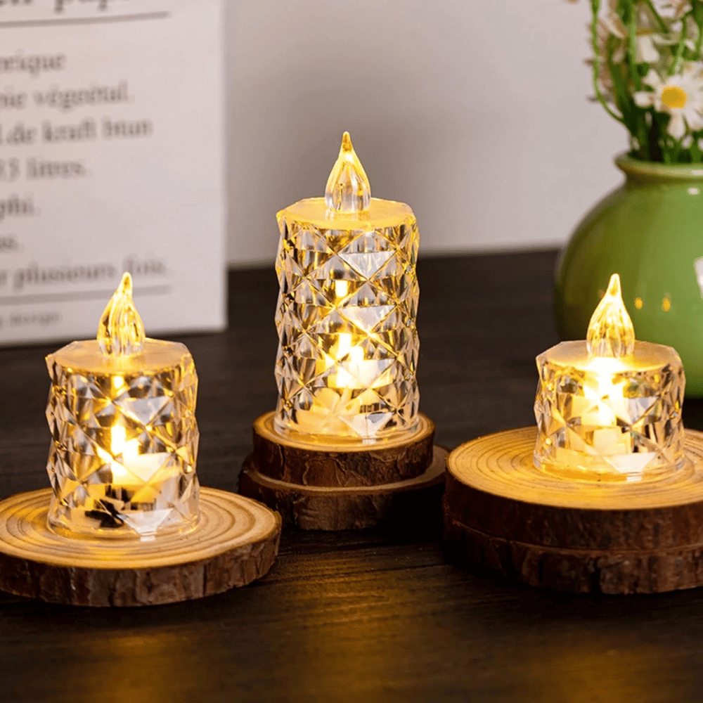 Led Mum Şeffaf Kristal Led Mum Pilli Alevsiz Çay Mumu Düğün Doğum Günü Ortam Işığı Mini